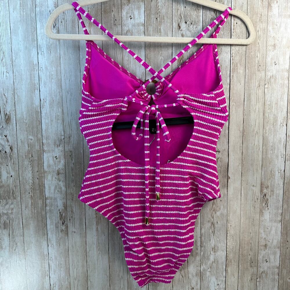 Lucky Brand One-piece Swimsuit Women S Hot Pink‎ Keyhole Stripe Textured Beachy - Picture 3 of 9